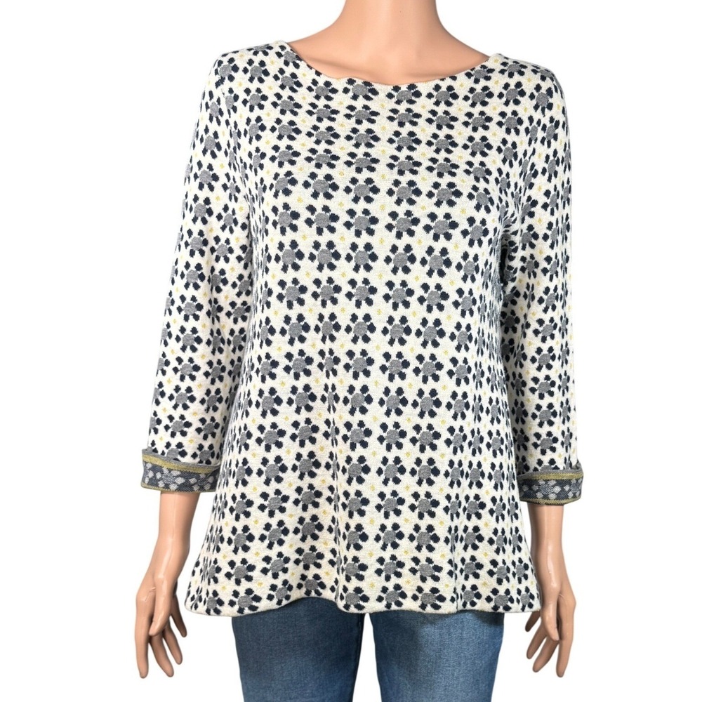 Field Flower by Anthropologie Cotton Floral Knit Top Navy Cream Yellow Large